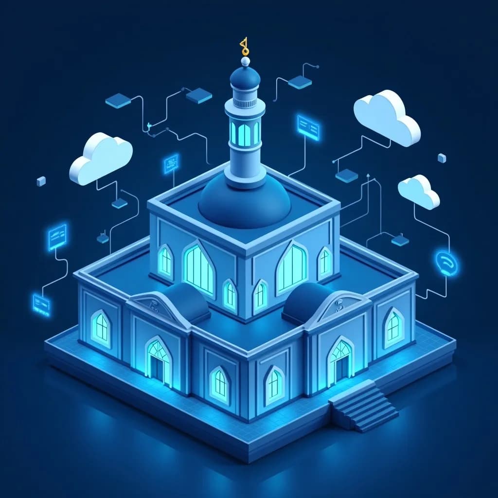Ilustrasi masjid futuristik dengan koneksi digital: pesantren modern yang memadukan tradisi dan teknologi.